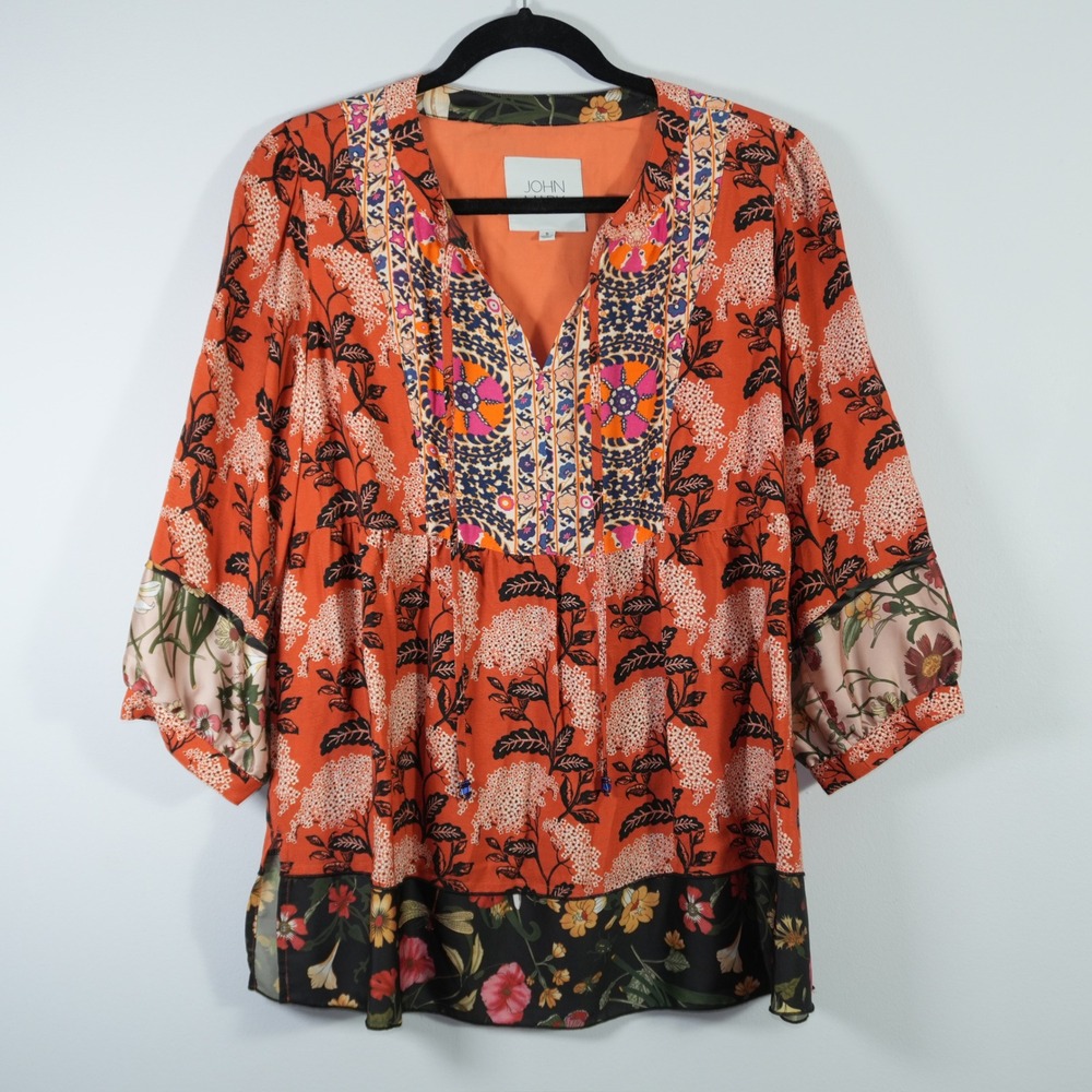 John Mark Mixed Print Boho Tunic Blouse Floral Artsy Indie 3/4 Sleeve S